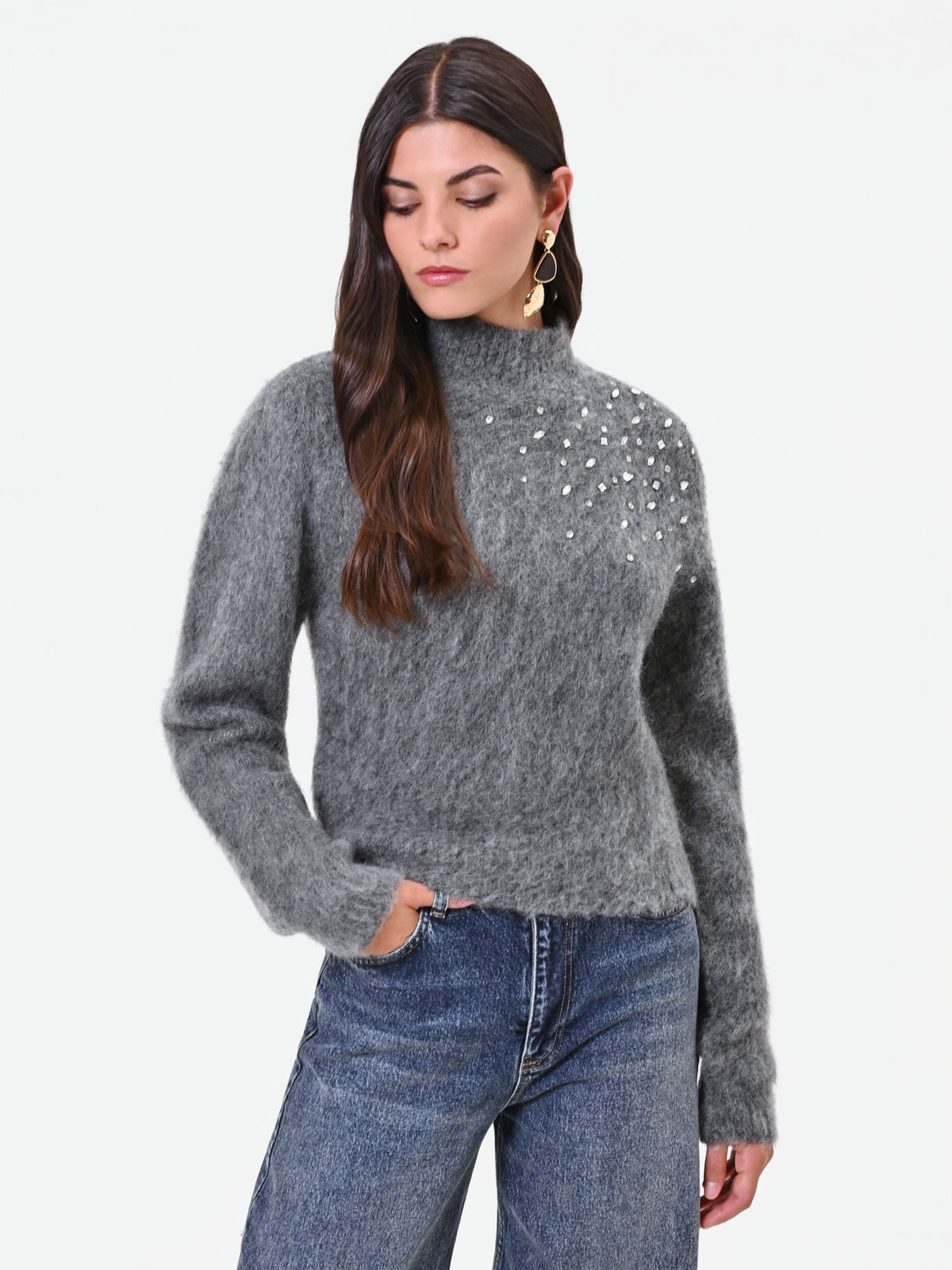Maglia grigia in mohair con applicazione gioiello Giorgia Palmas X Rinascimento