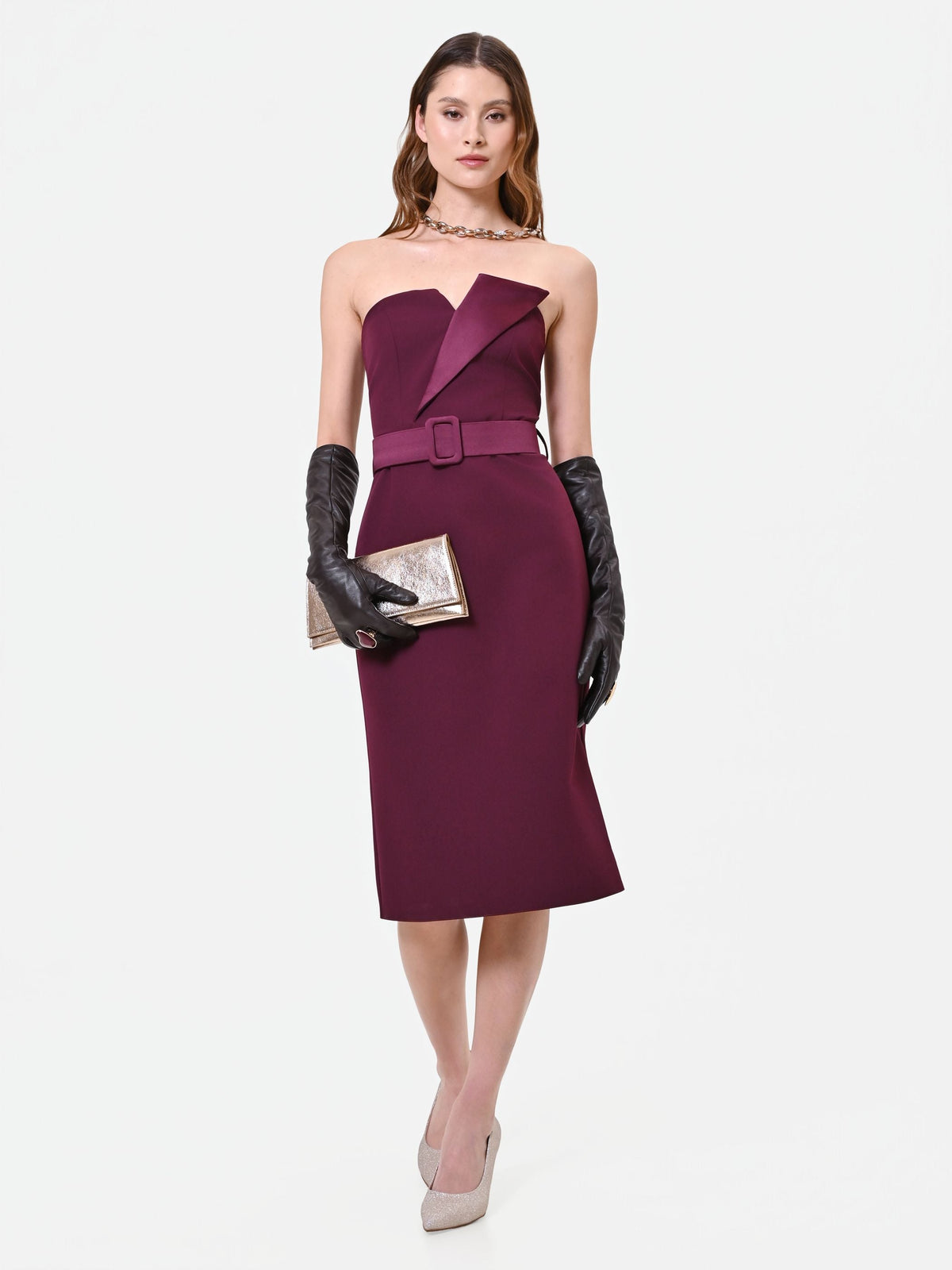 Tubino Bordeaux con Cintura e Rever