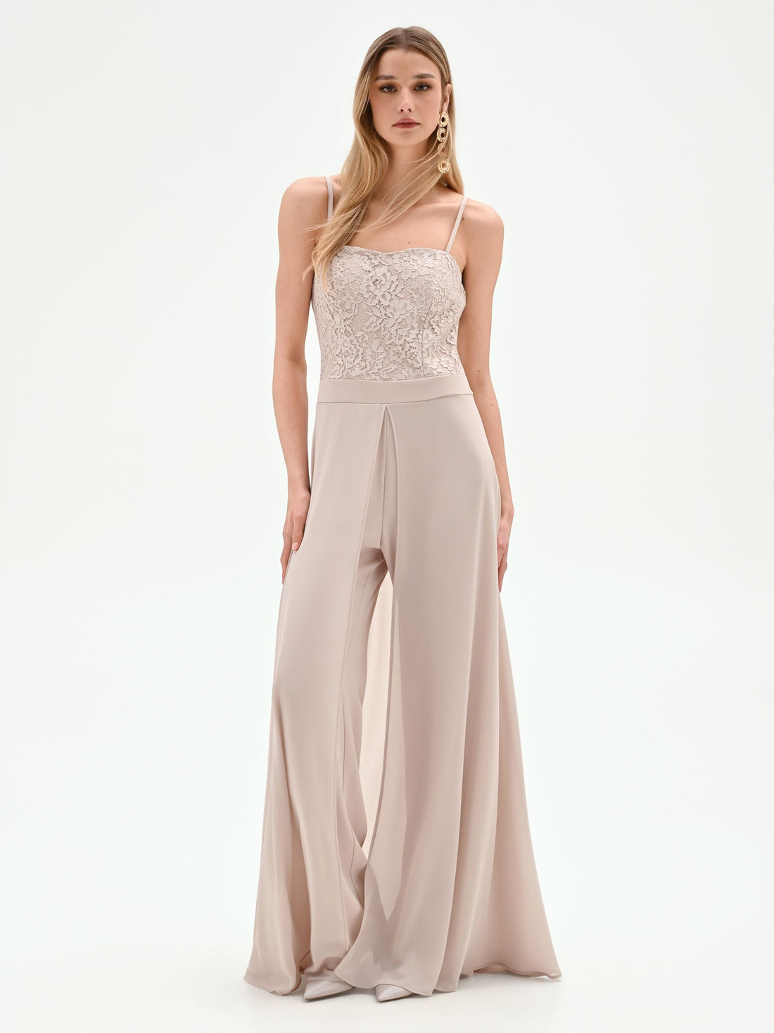 Tuta palazzo tortora beige con corpetto in pizzo