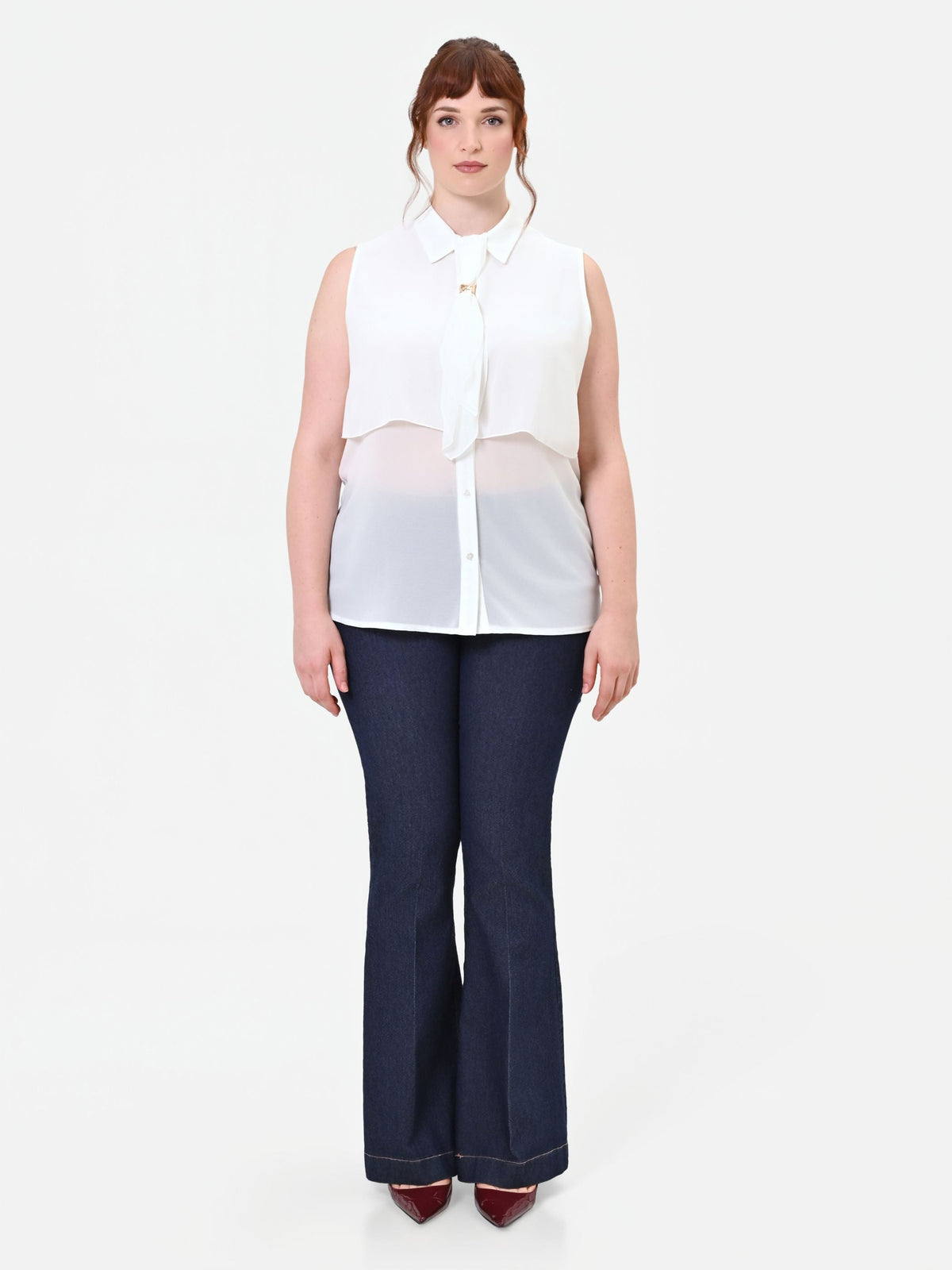 Camicia Curvy smanicata bianca in georgette a strati
