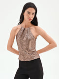 Top scollo halter in paillettes marrone bronzo