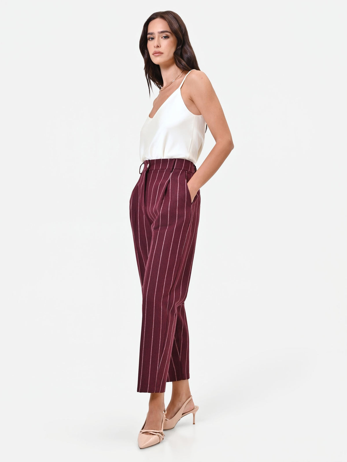 Pantalone cropped gessato rosso bordeaux