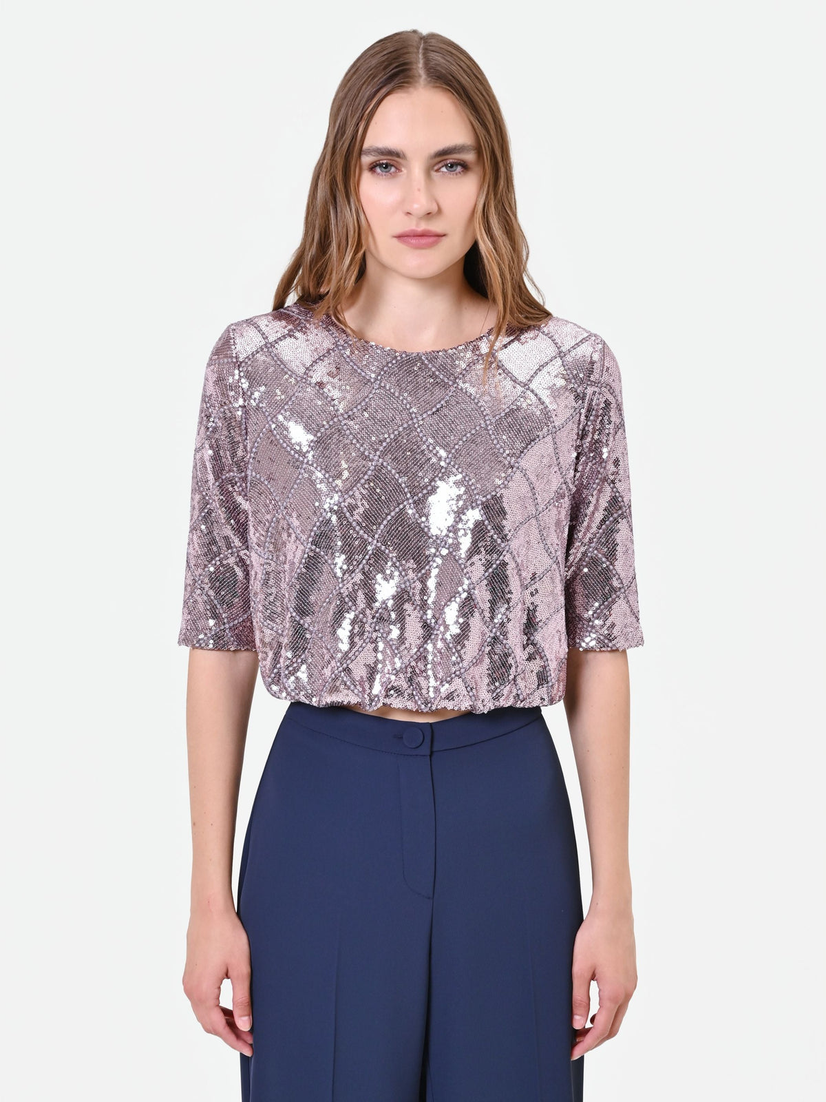 Blusa rosa antico in paillettes con disegno a rombi