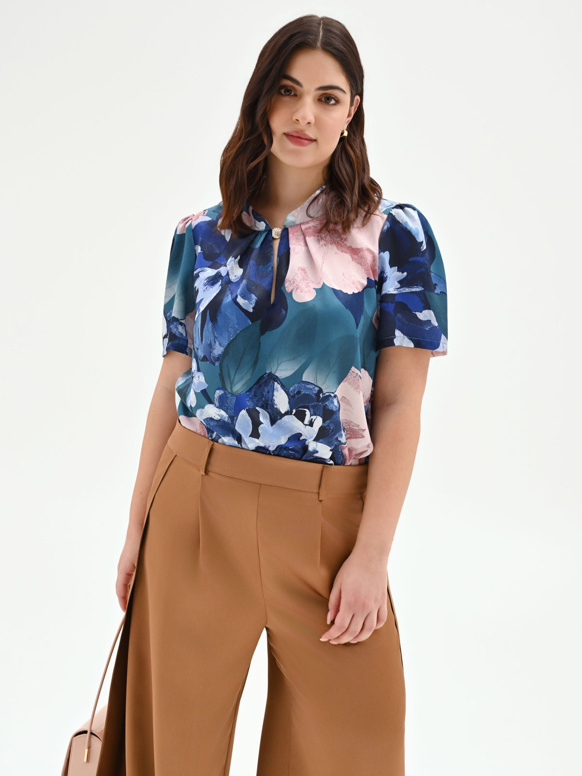 Blusa blu ottanio curvy con stampa floreale