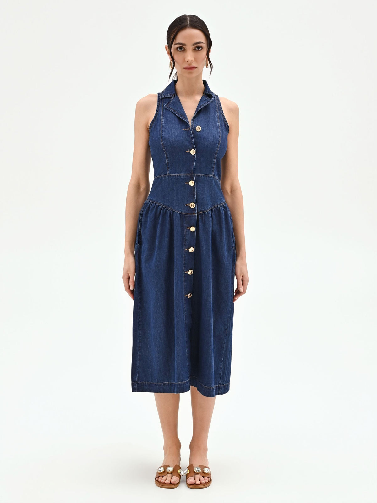 Abito chemisier blu in denim smanicato