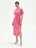 Abito midi rosa con nodo laterale