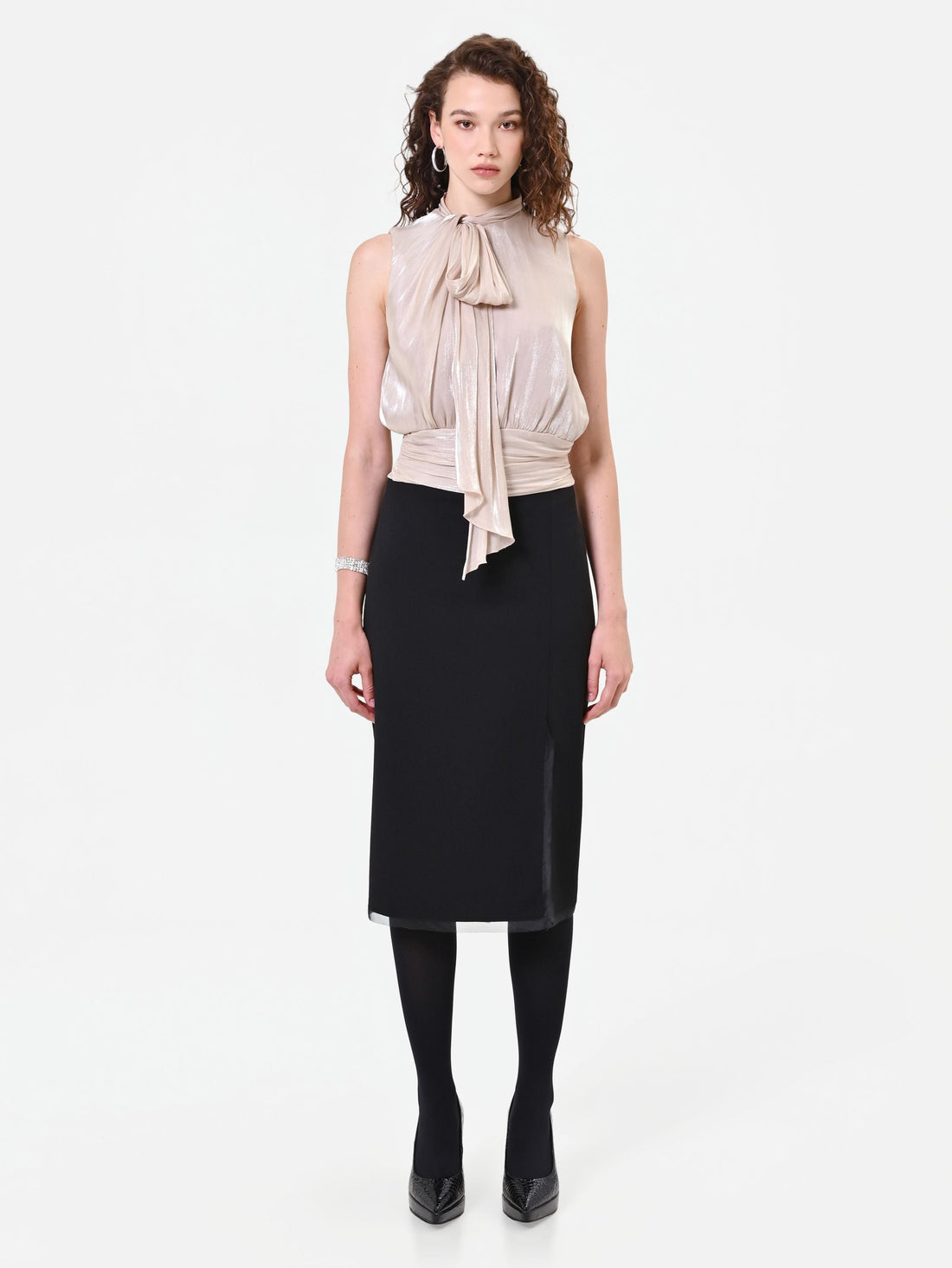 Top tortora beige con fiocco laterale in raso