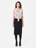 Top tortora beige con fiocco laterale in raso