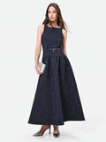 Abito blu navy jacquard con gonna ampia
