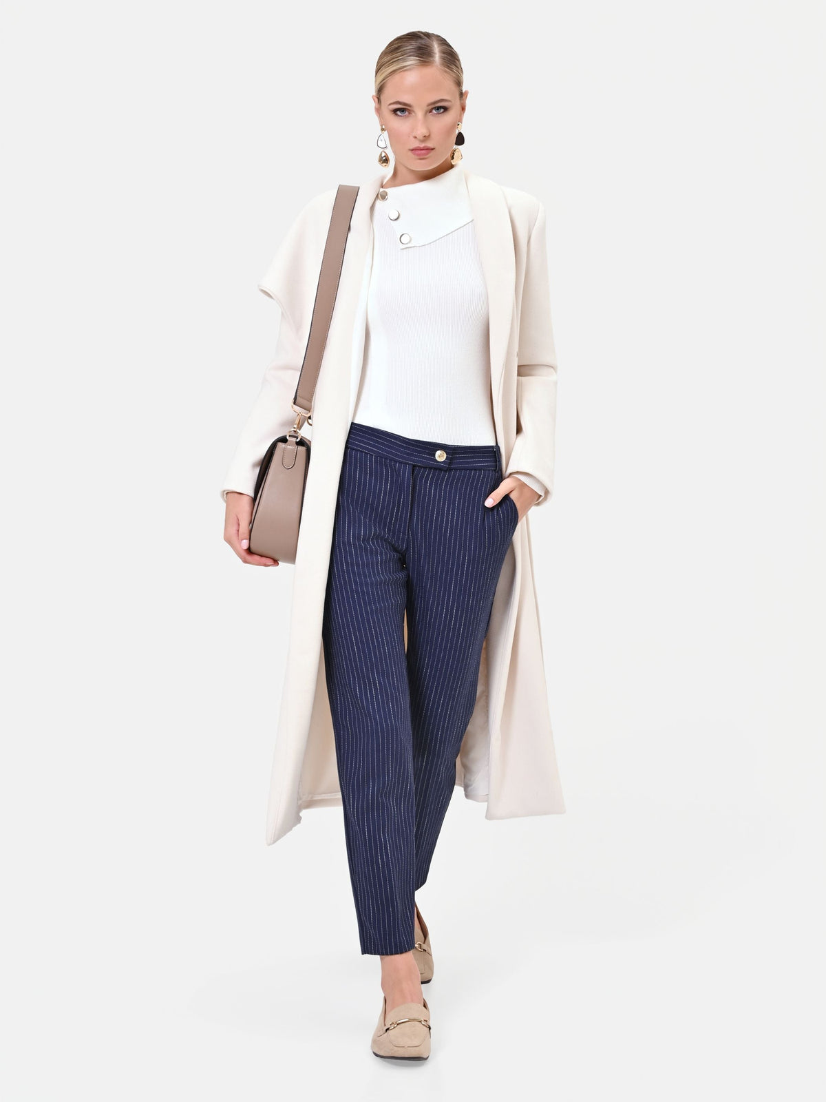Pantalone in misto viscosa blu navy gessato