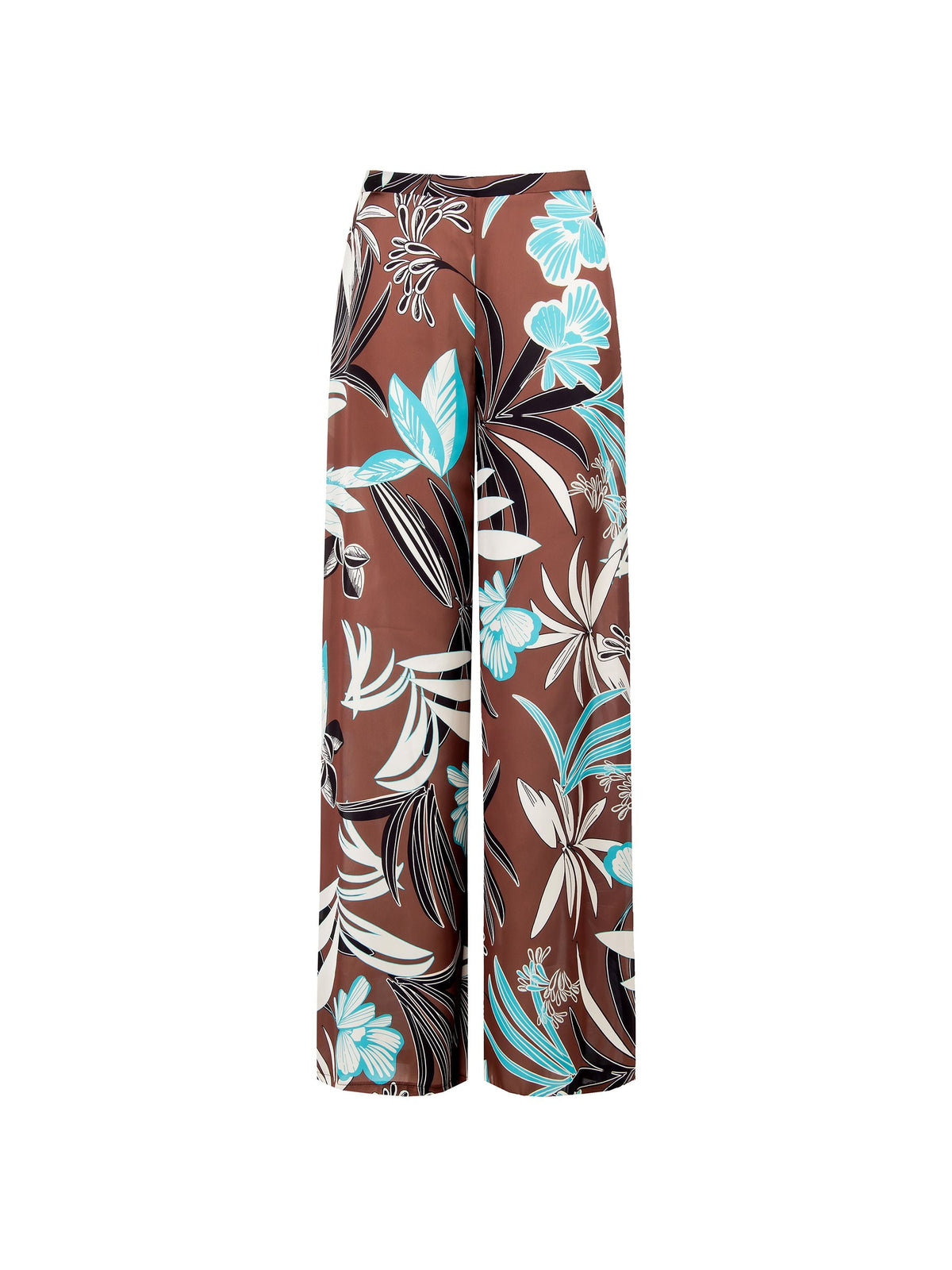 Pantalone a palazzo cioccolato con stampa botanica