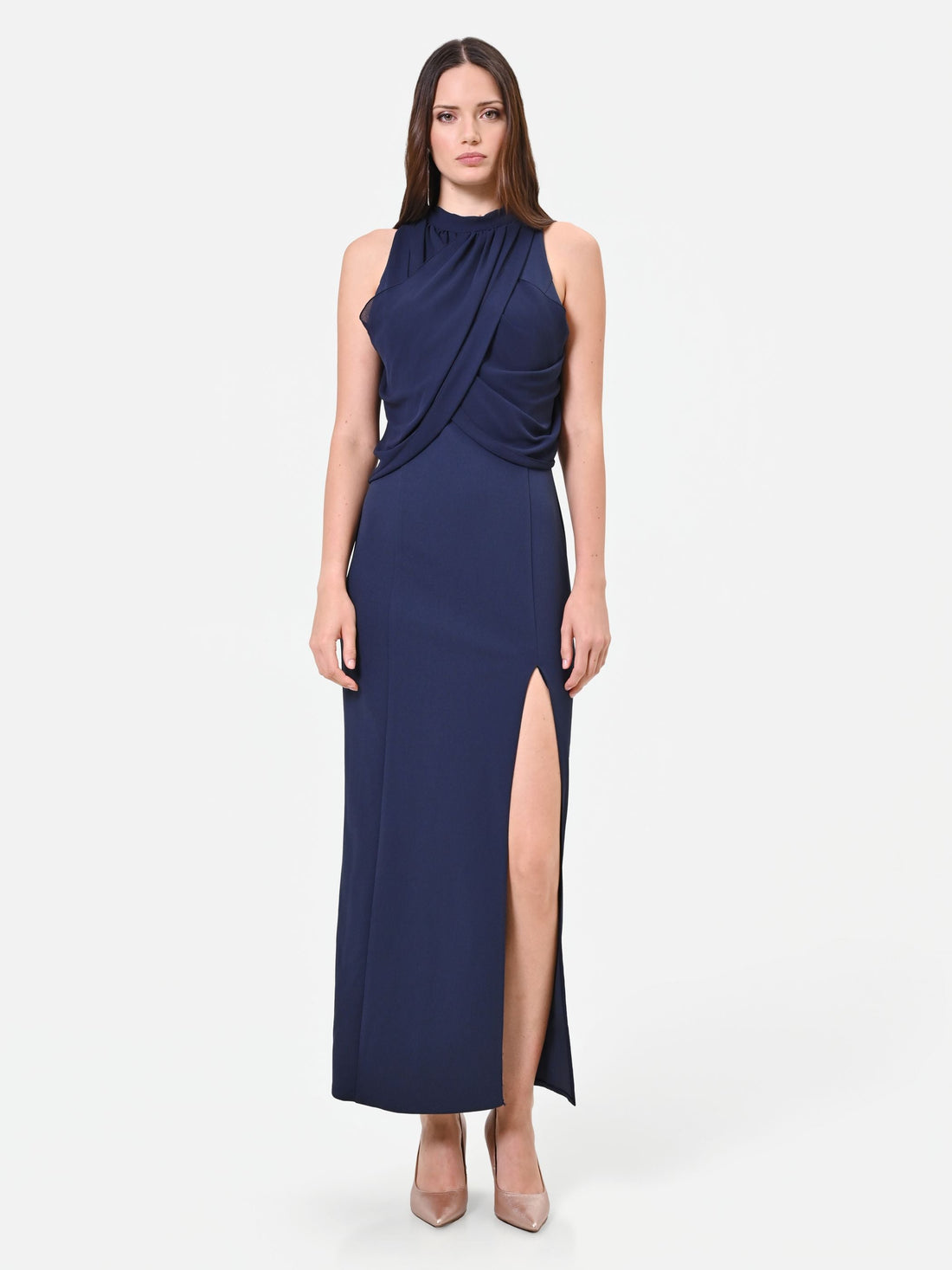 Abito lungo blu navy con drappeggio sullo scollo