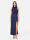 Abito lungo blu navy con drappeggio sullo scollo