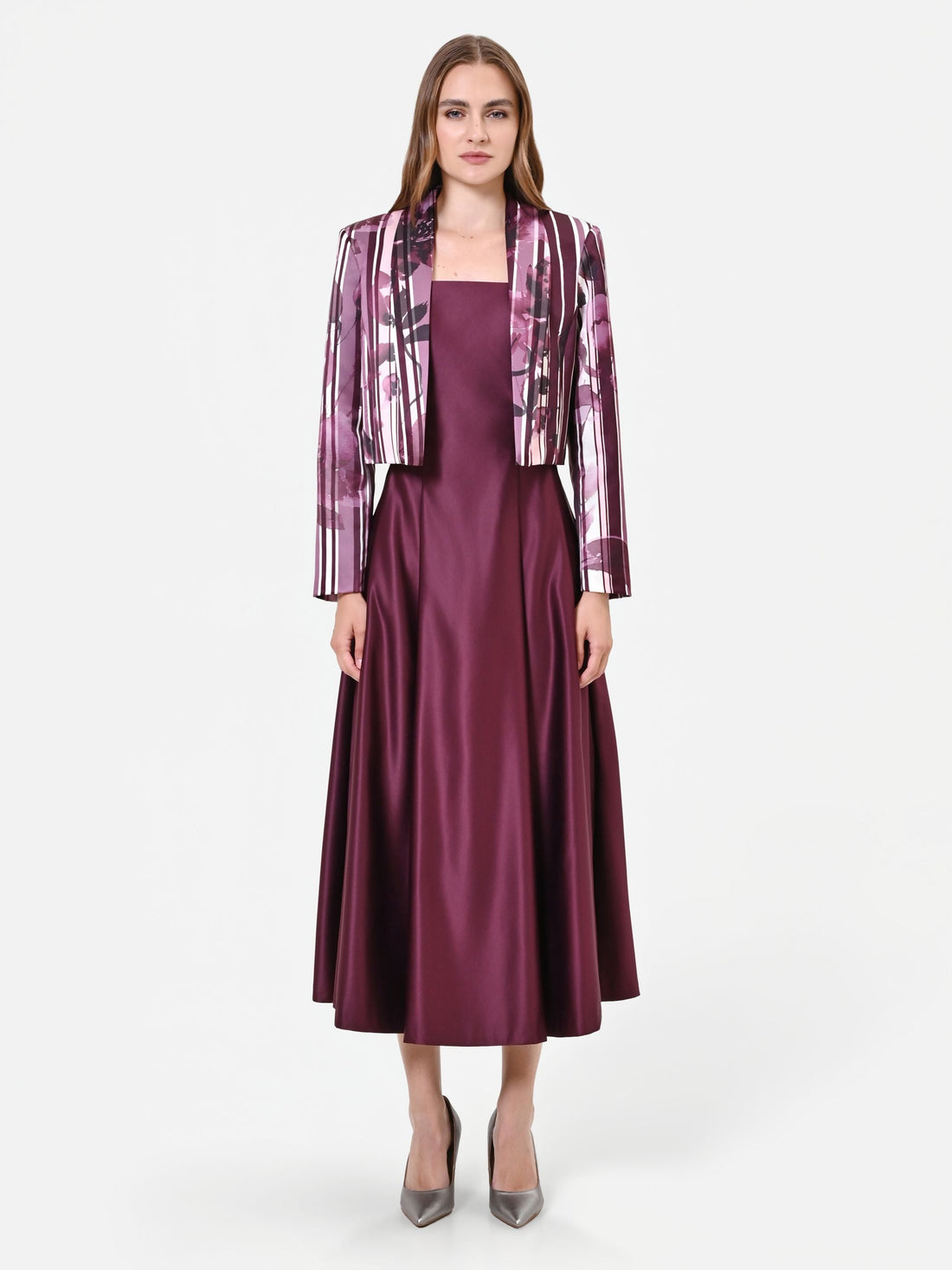 Giacca in raso stampa floreale rosso bordeaux