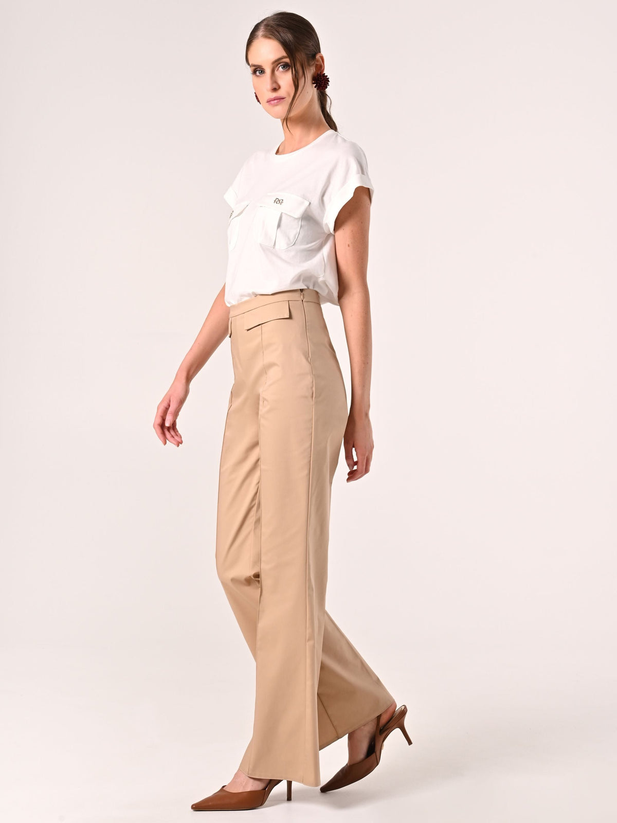 Pantaloni Beige in Cotone con Patte