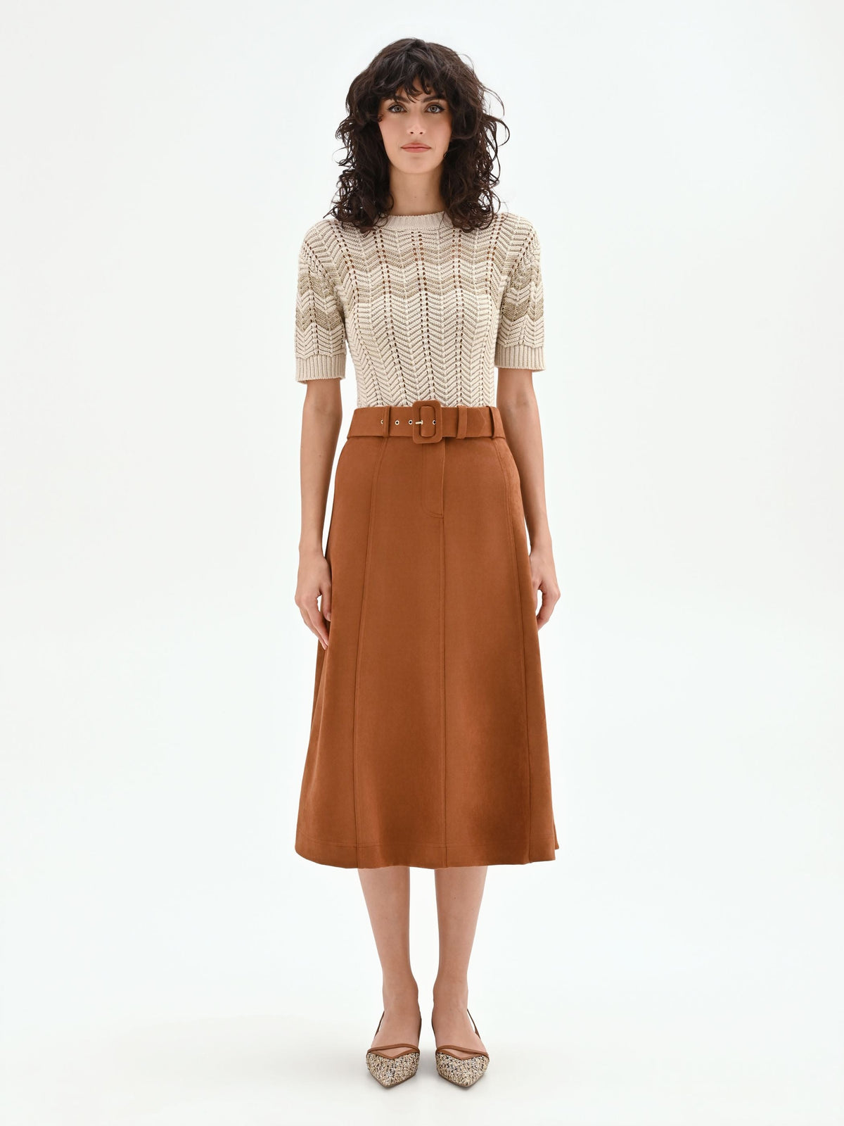 Gonna midi cammello beige effetto camoscio
