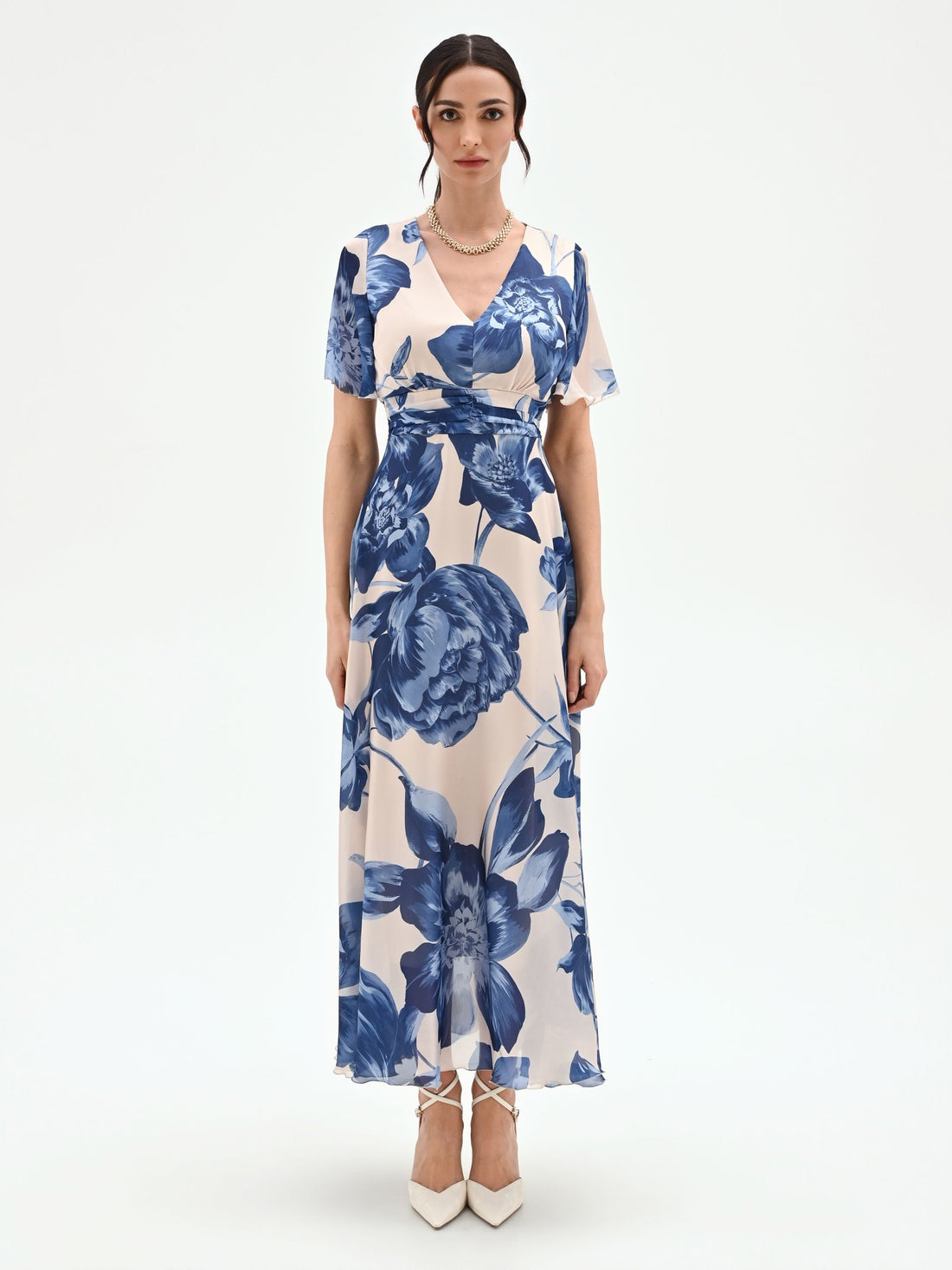 Abito lungo blu brillante con fantasia floreale