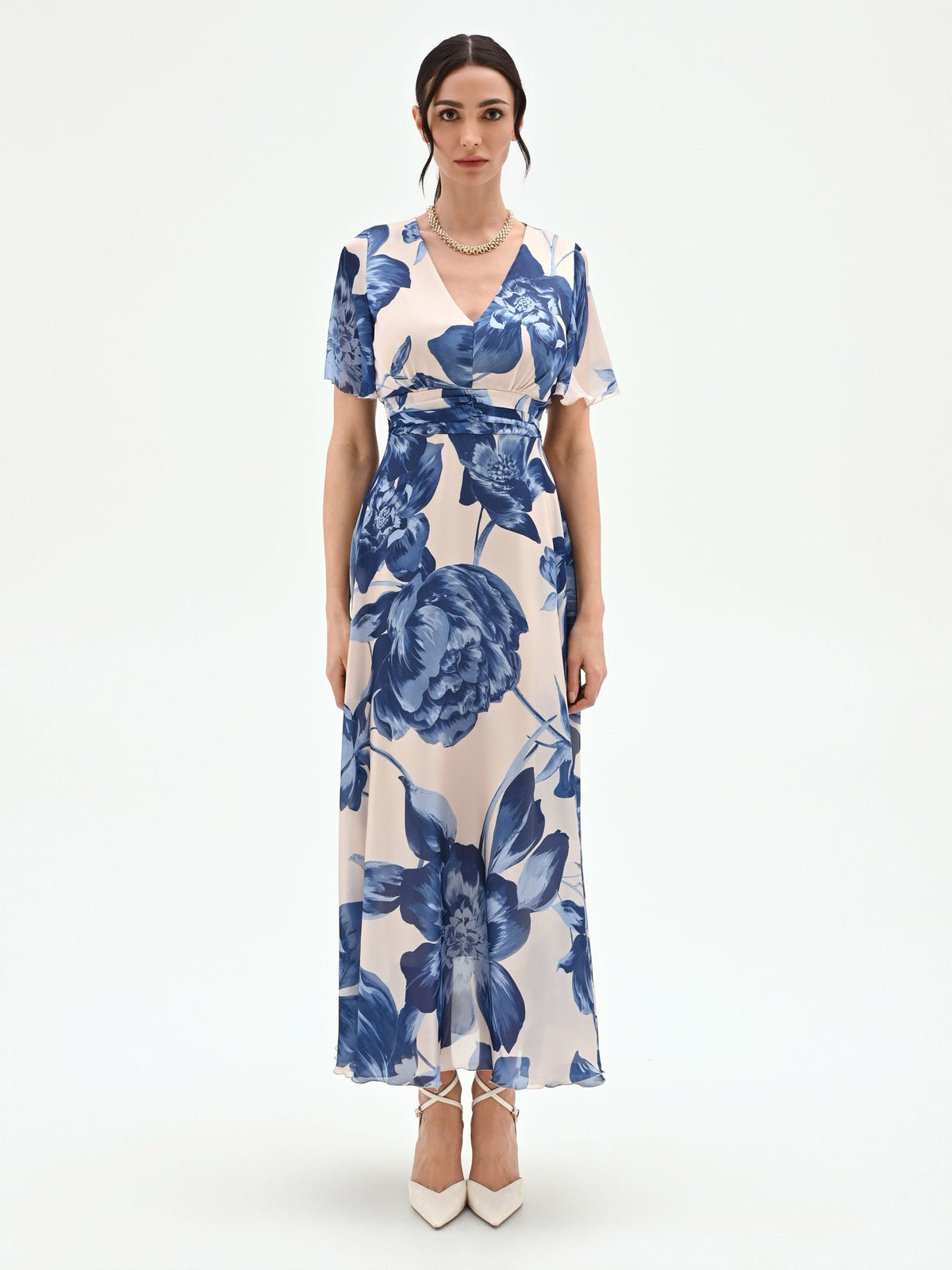 Abito lungo blu brillante con fantasia floreale