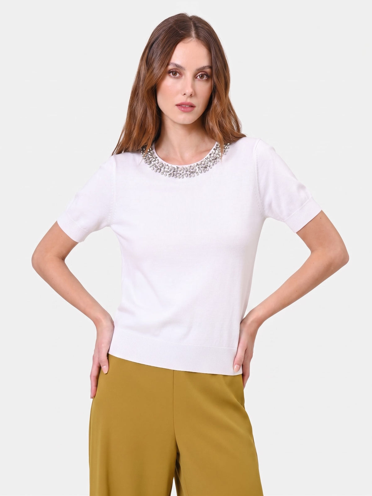 Maglia in misto viscosa con decoro strass
