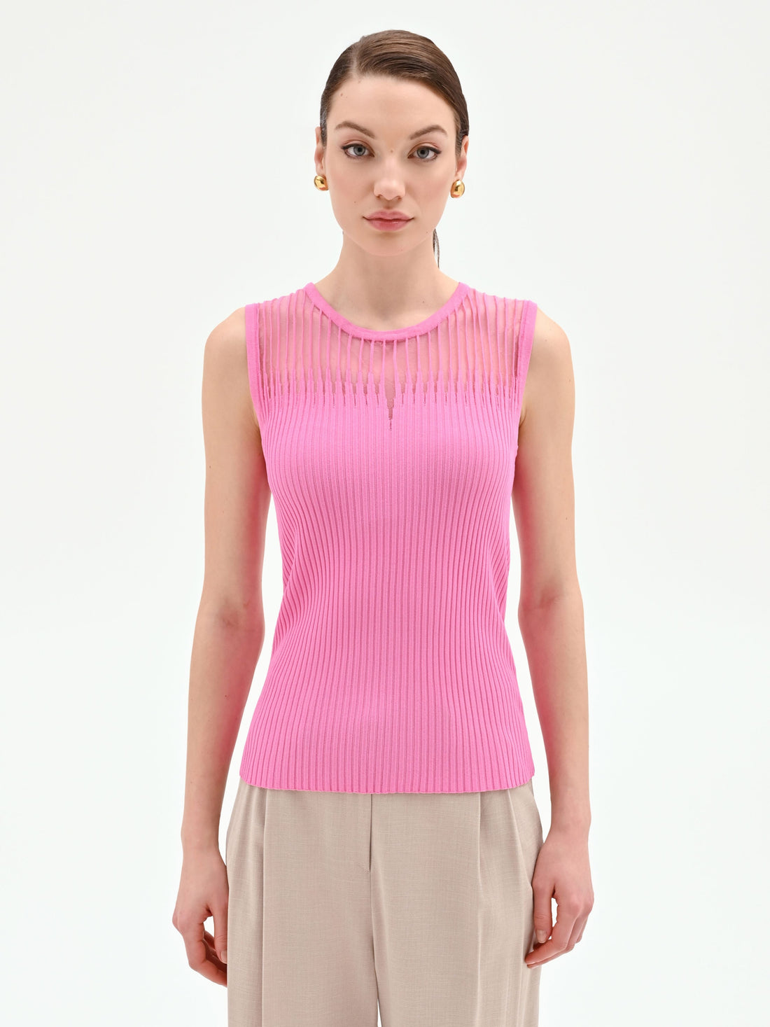 Top rosa in maglia a costine con inserto a righe