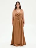 Abito curvy lungo marrone bronzo con scollo drappeggiato