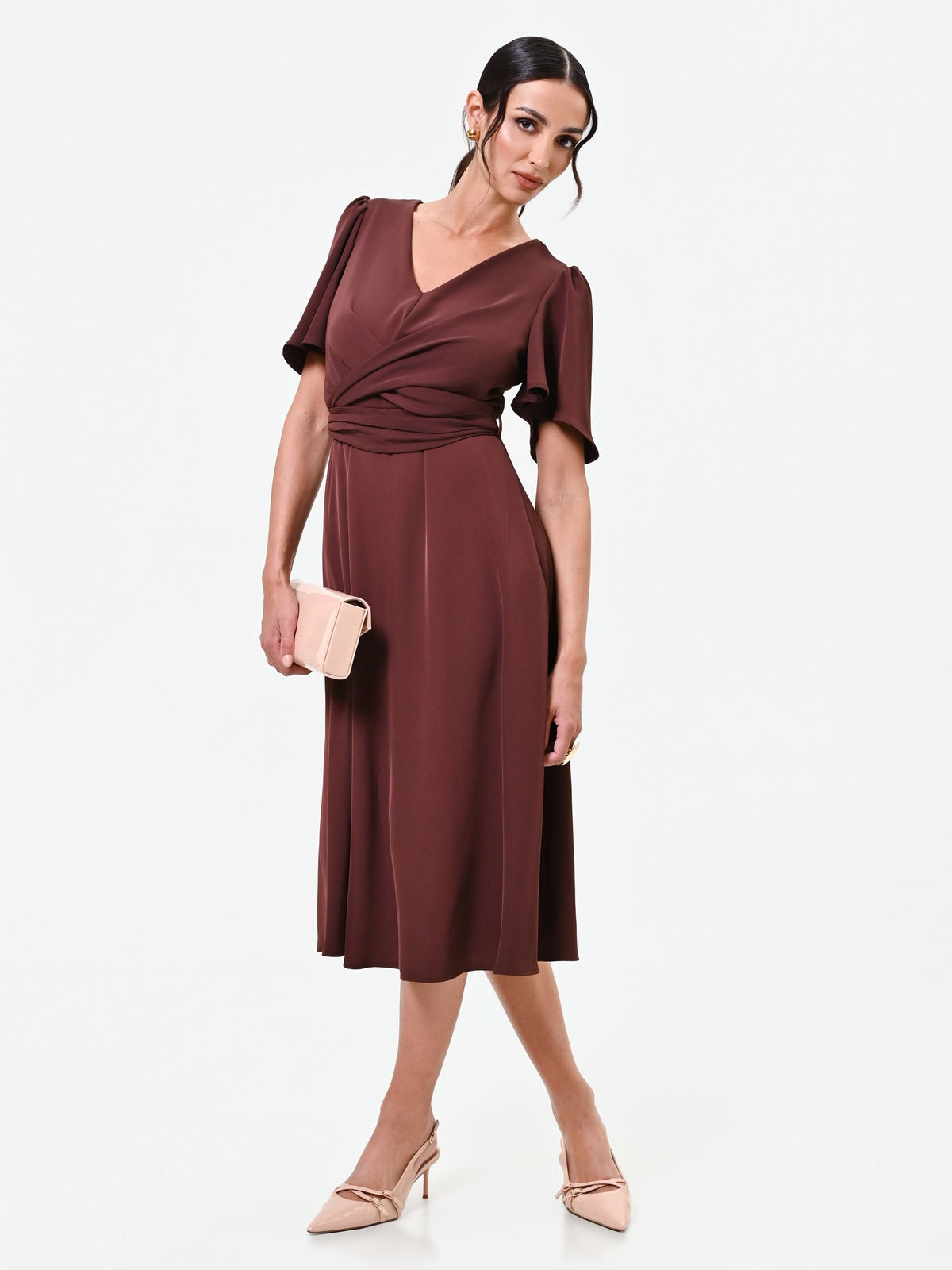 Abito midi marrone in raso