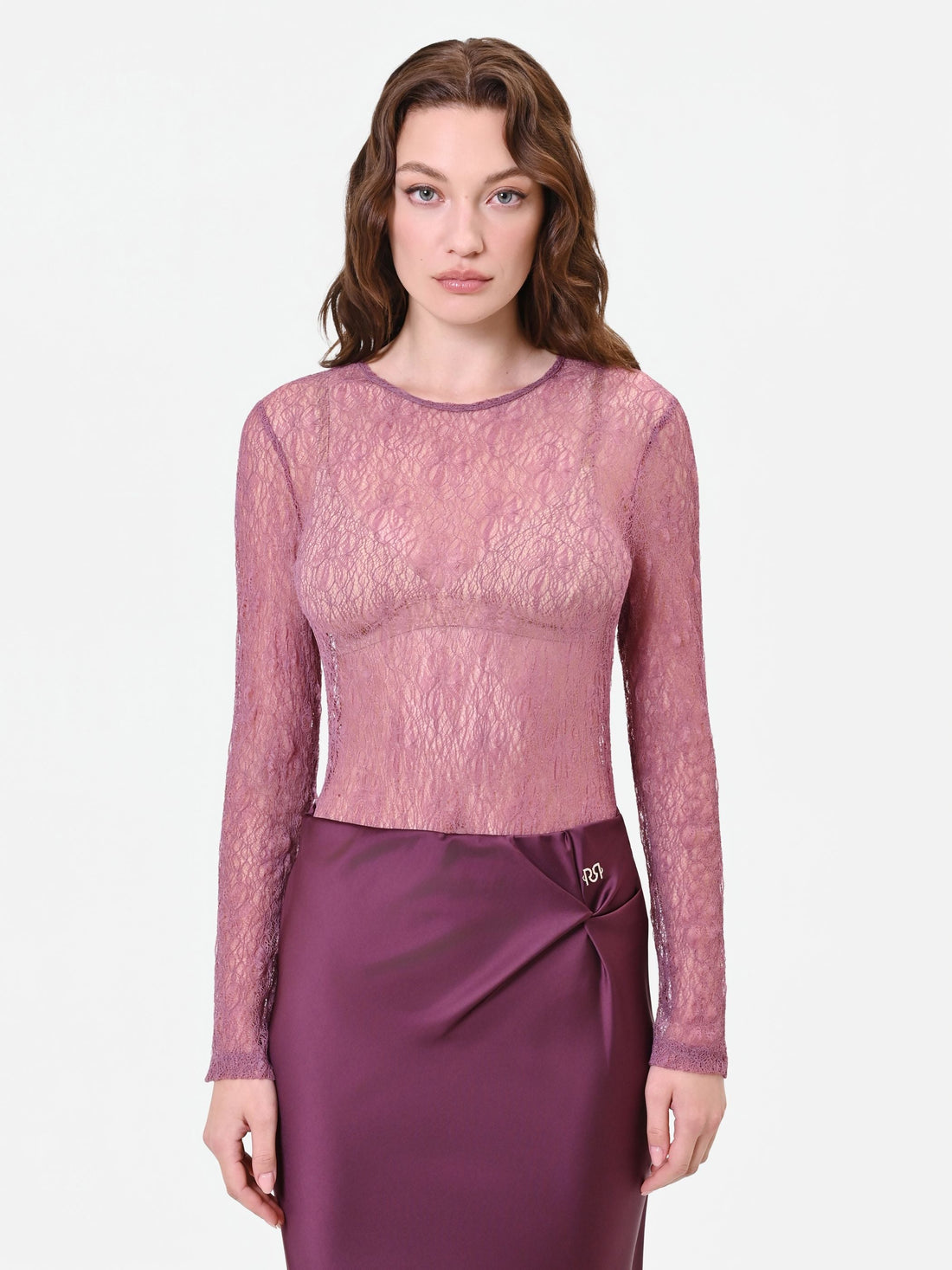 Top velato in pizzo rosa antico