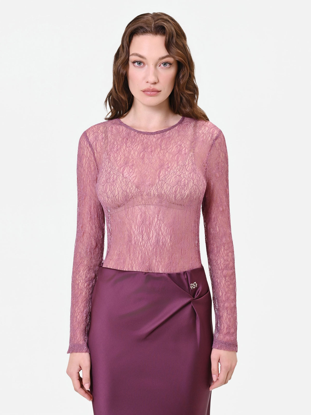 Top velato in pizzo rosa antico
