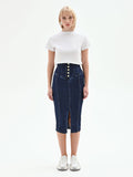 Gonna longuette denim blu navy con bottoni dorati