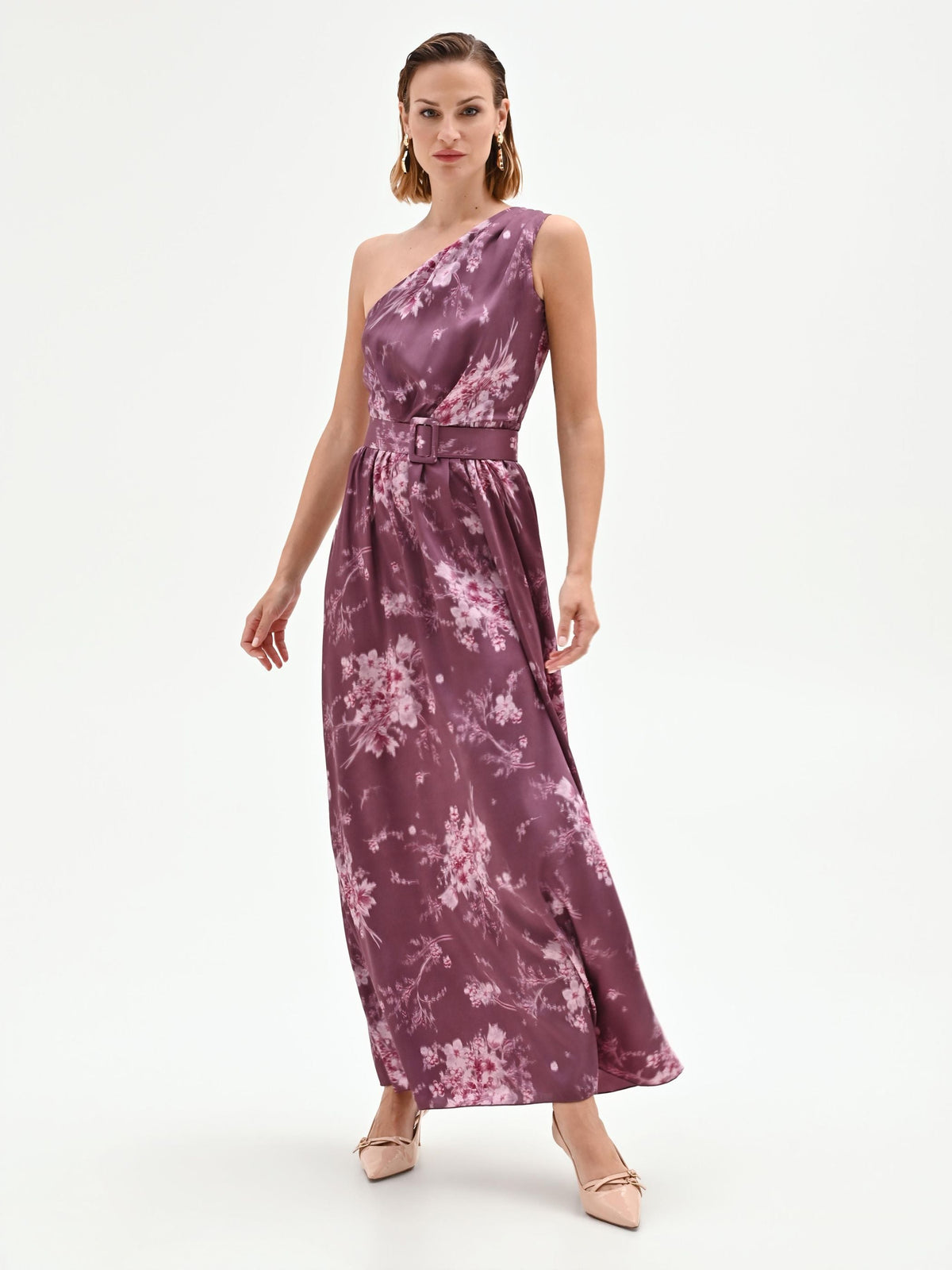 Abito lungo rosso bordeaux con stampa floreale