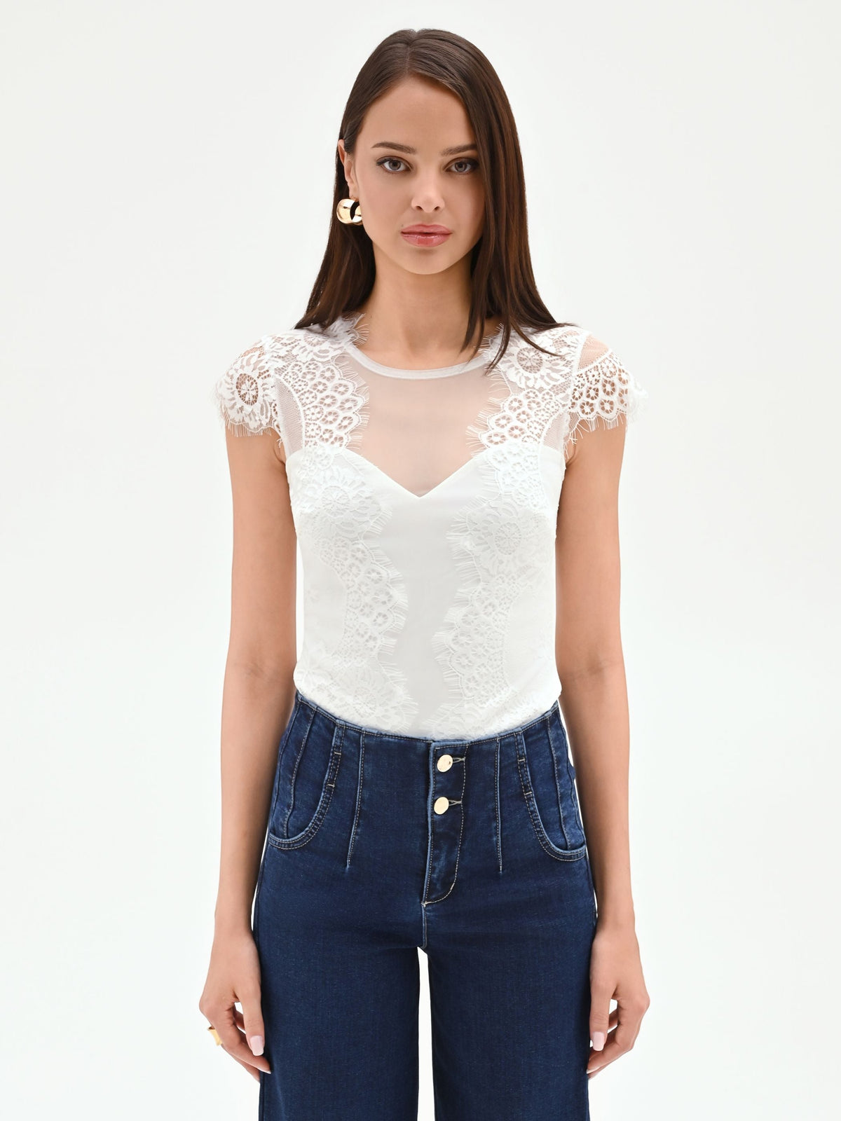 Top body avorio con inserti in pizzo e tulle