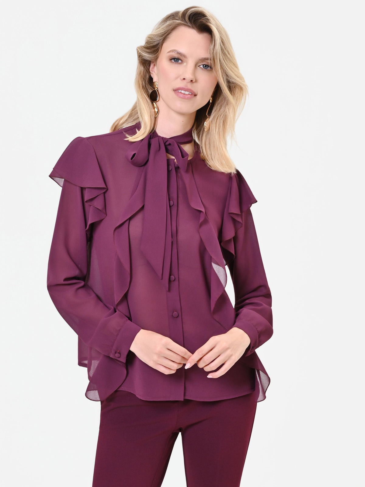 Blusa bordeaux rosso con fiocco e rouches