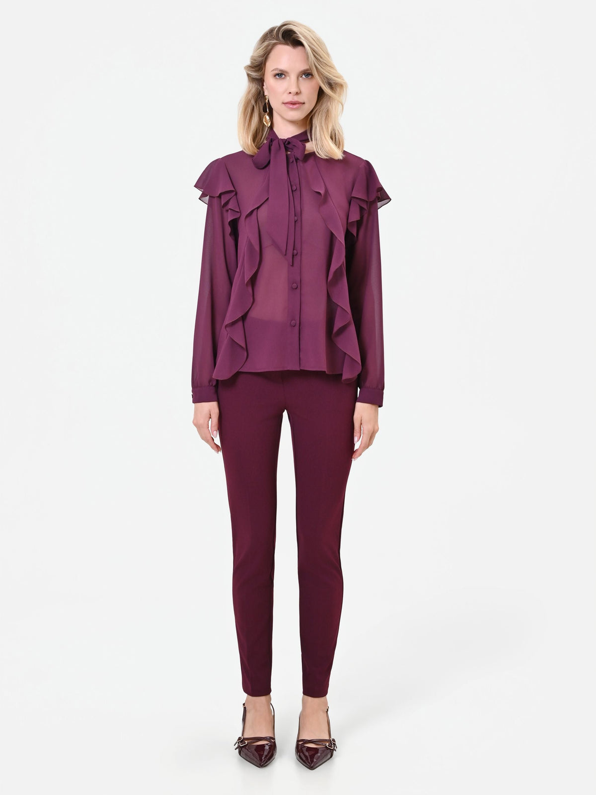 Blusa bordeaux rosso con fiocco e rouches