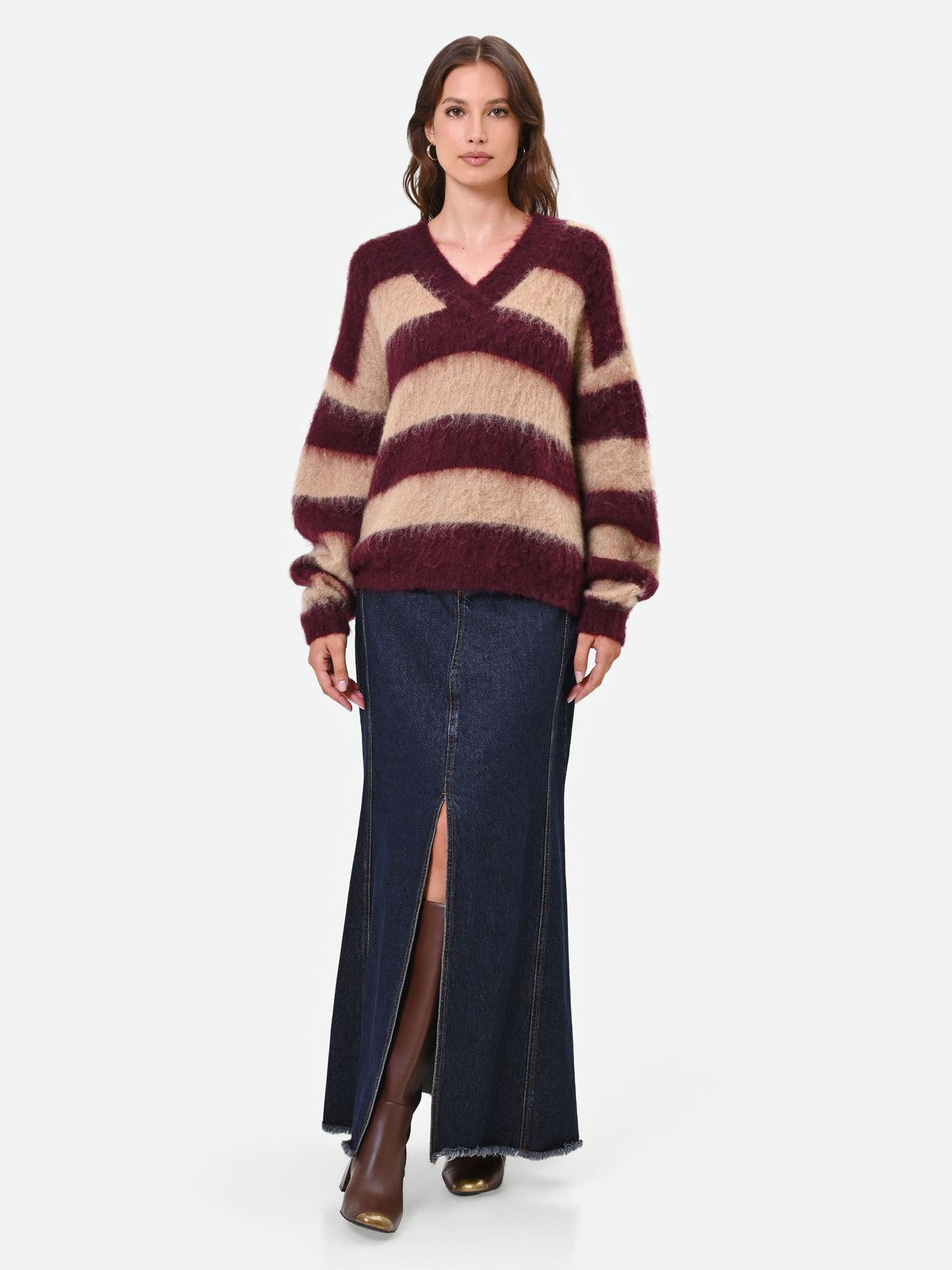 Maglia tortora beige a righe misto lana e mohair