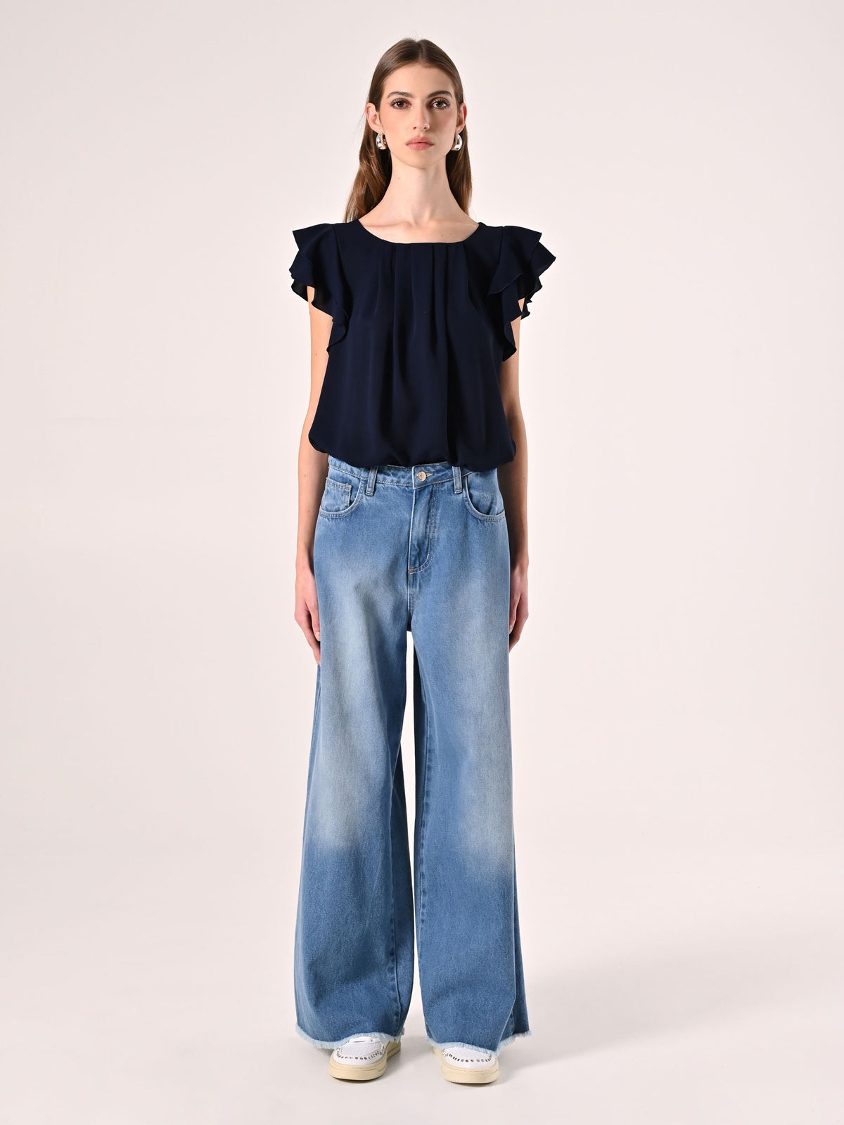 Blusa con Maniche ad Aletta Blu Navy