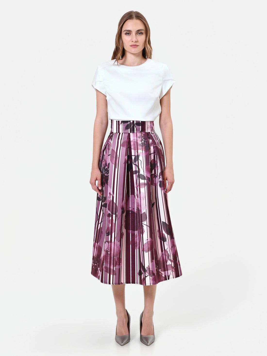 Gonna midi plissettata rosso bordeaux con fantasia floreale