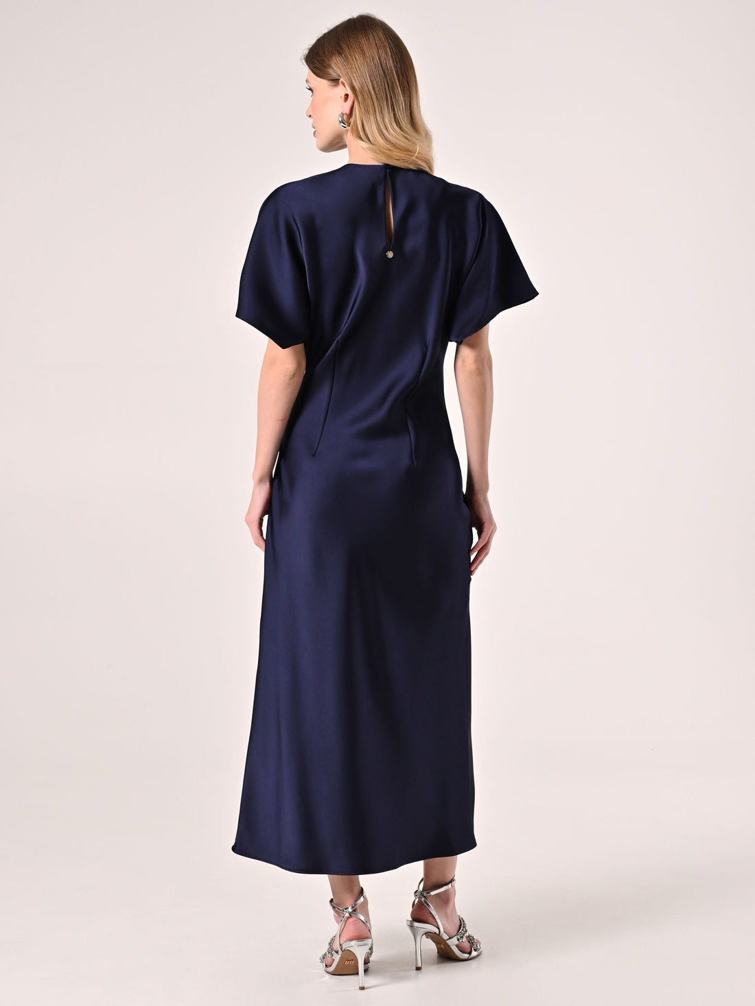 Abito Midi in Raso Blu con Nodo