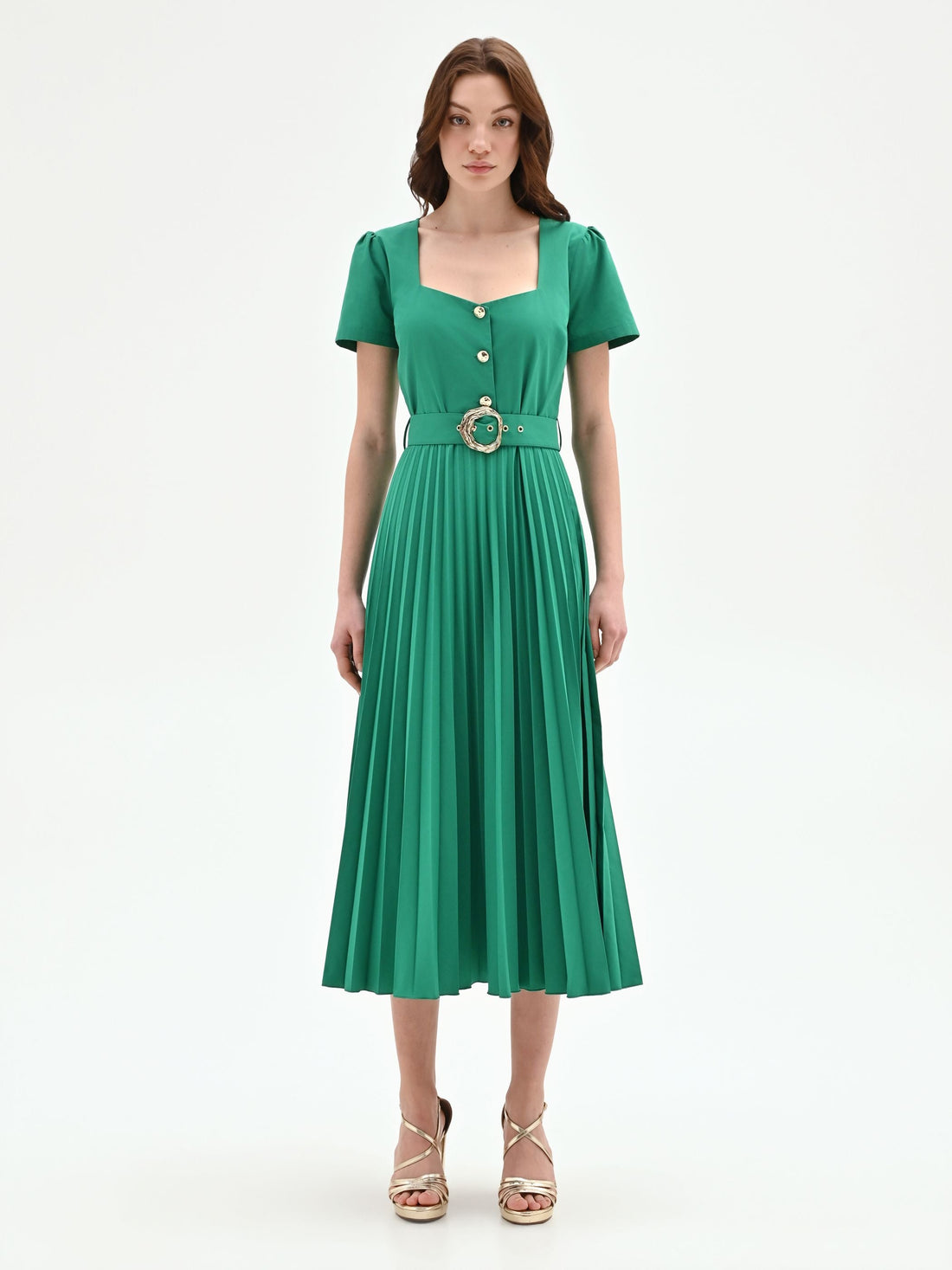 Abito midi verde con gonna plissé