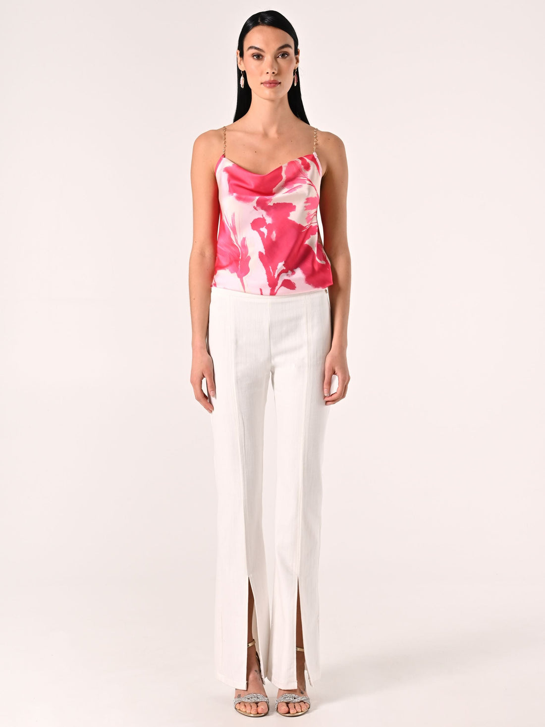 Top spalline Gioiello stampa Floreale Rosa Camelia