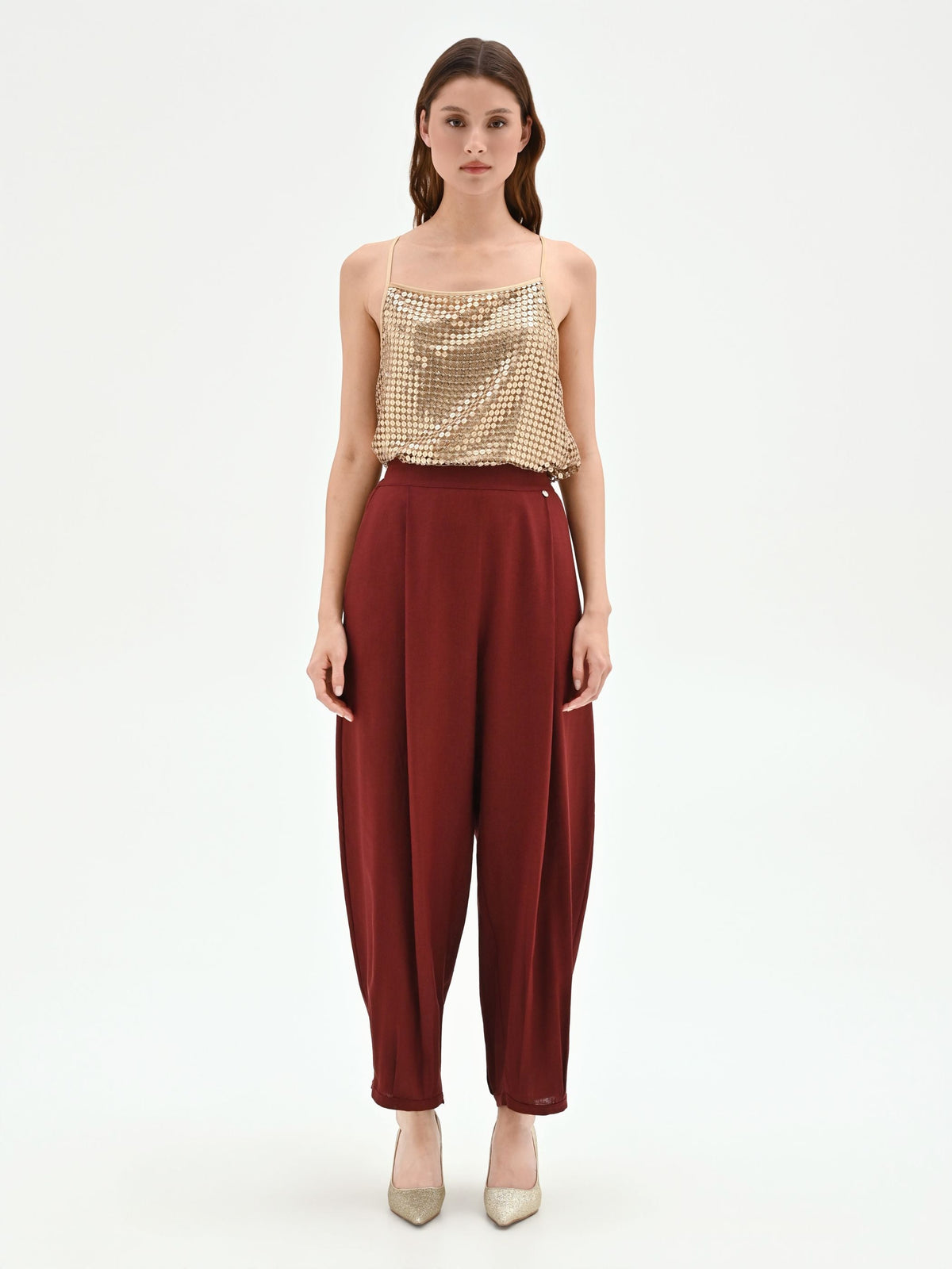 Pantalone bordeaux a palloncino in lino