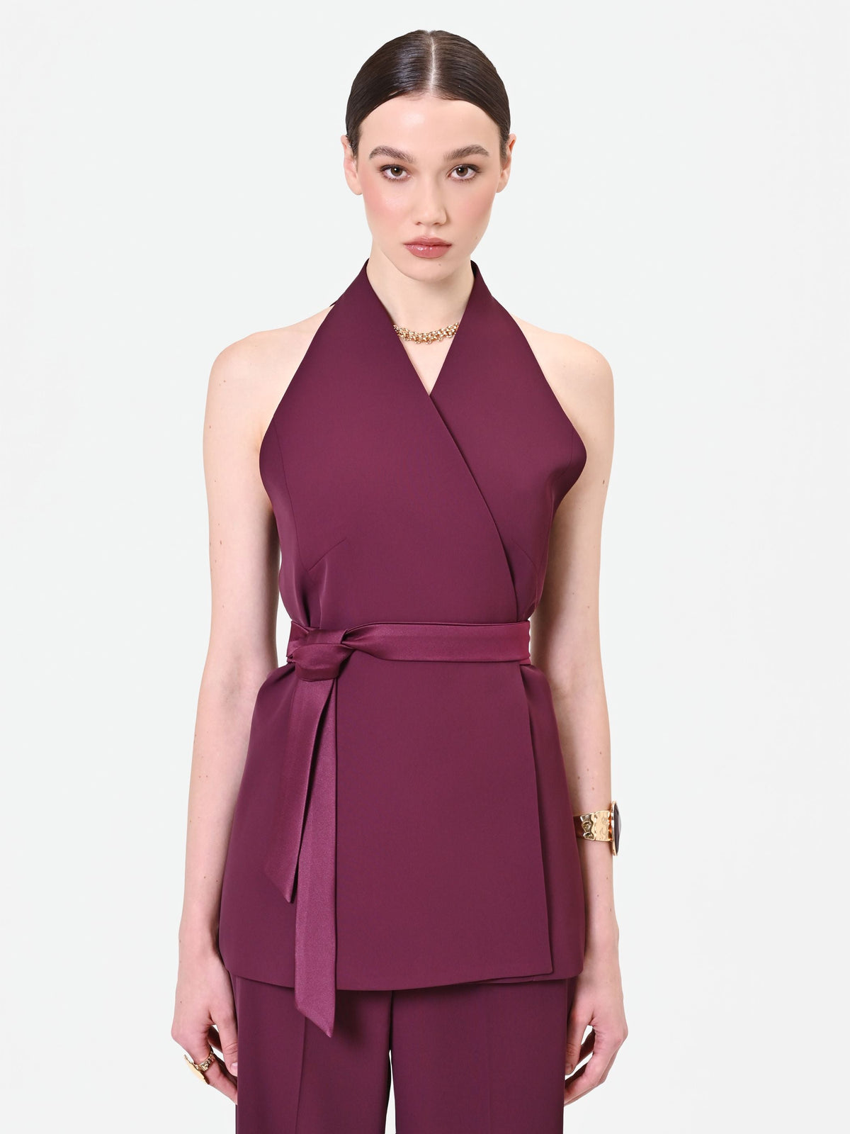 Gilet bordeaux rosso con cintura in vita