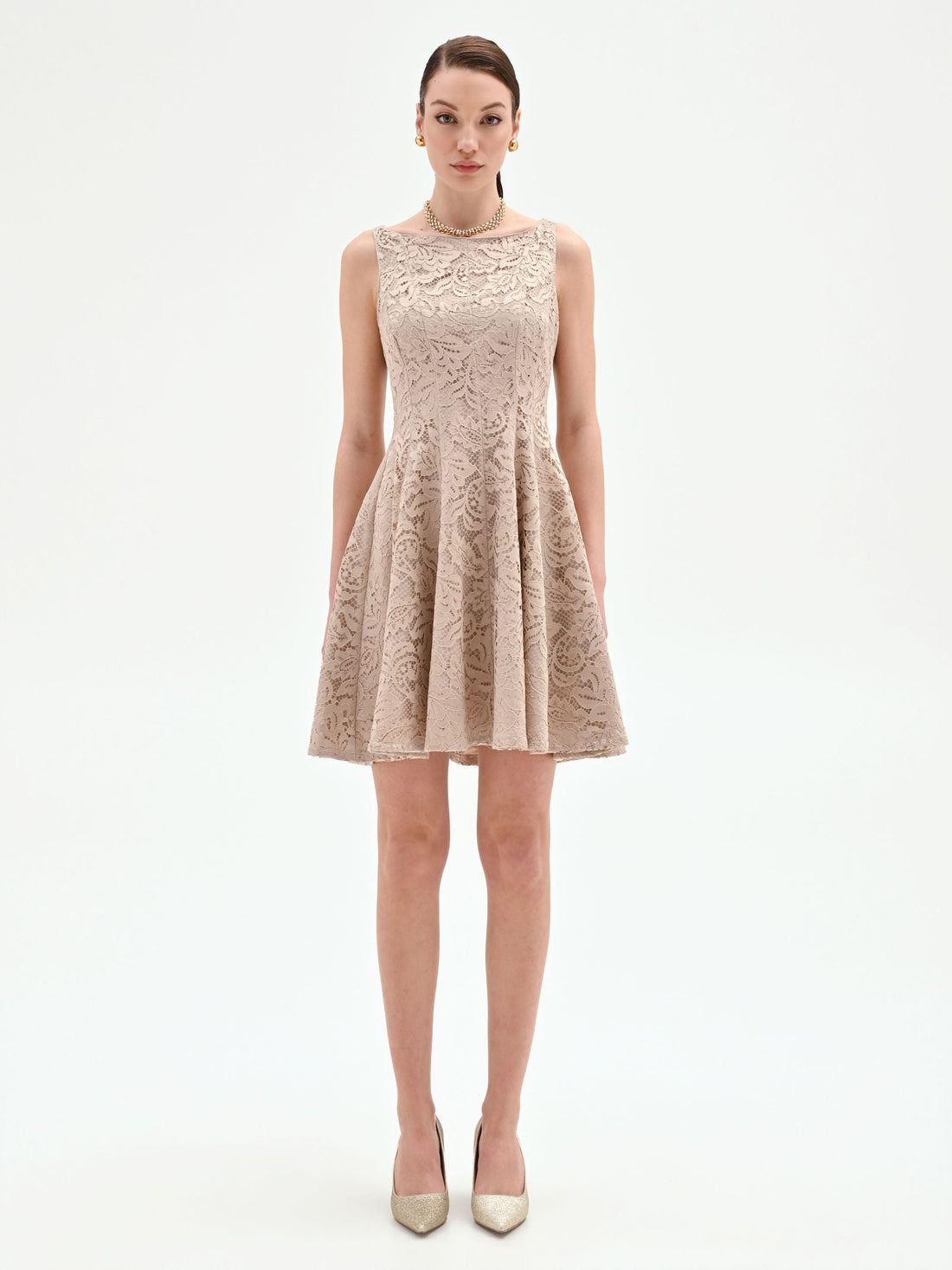 Abito corto in pizzo tortora beige