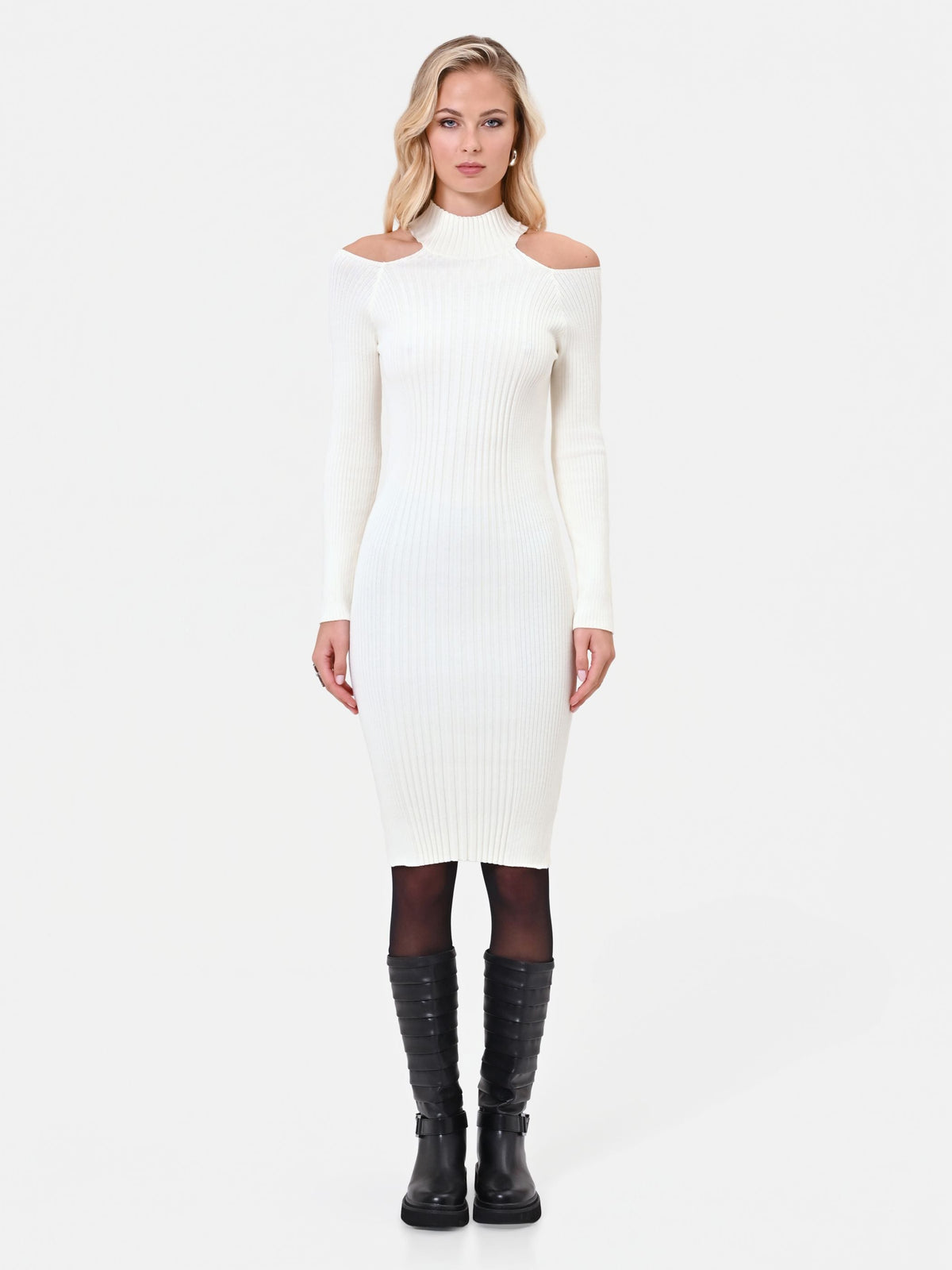 Abito midi in maglia di viscosa bianco panna con cut out