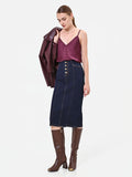 Gonna tubino blu navy in denim con bottoni dorati