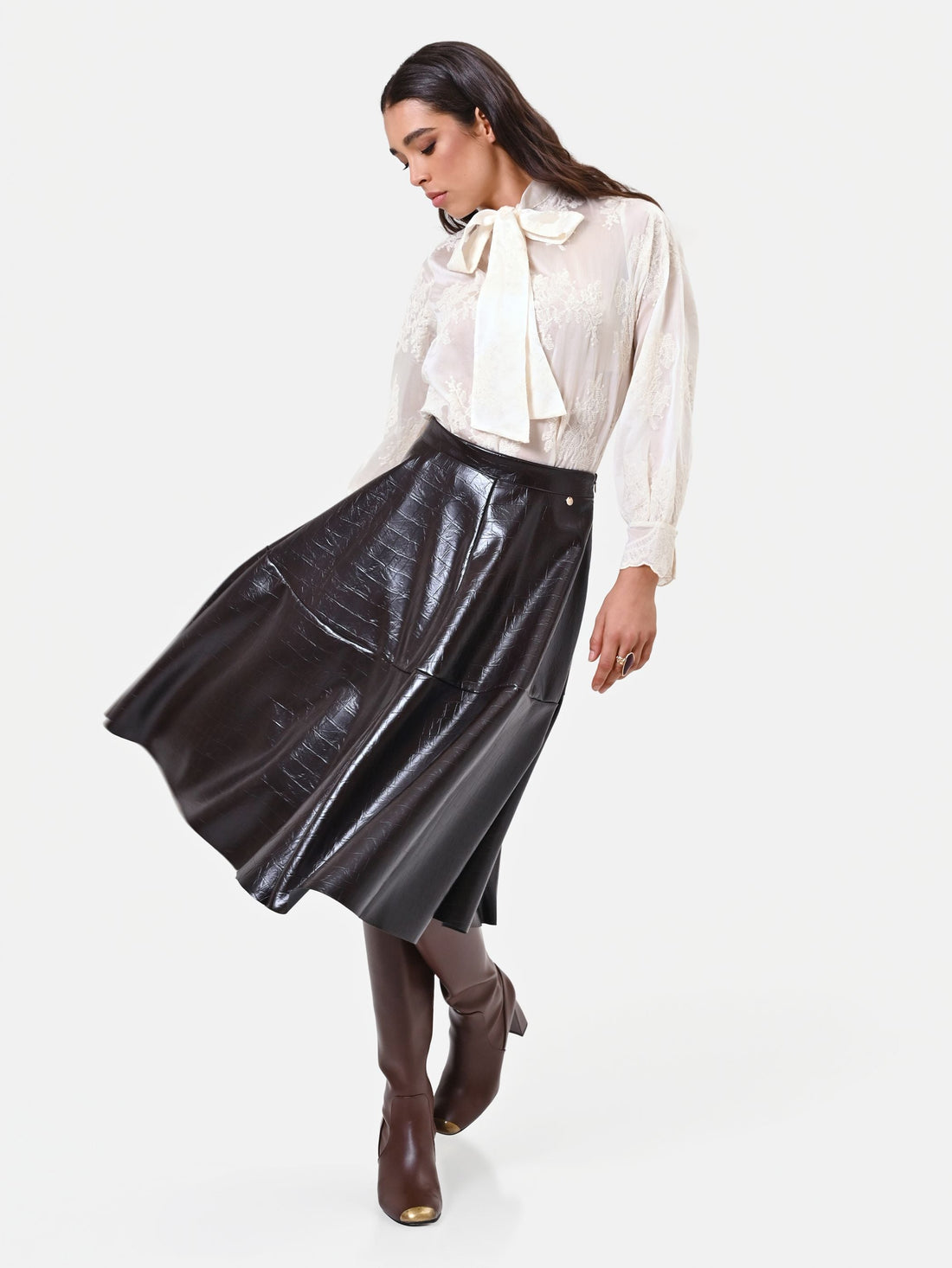 Gonna midi marrone in similpelle stampa cocco