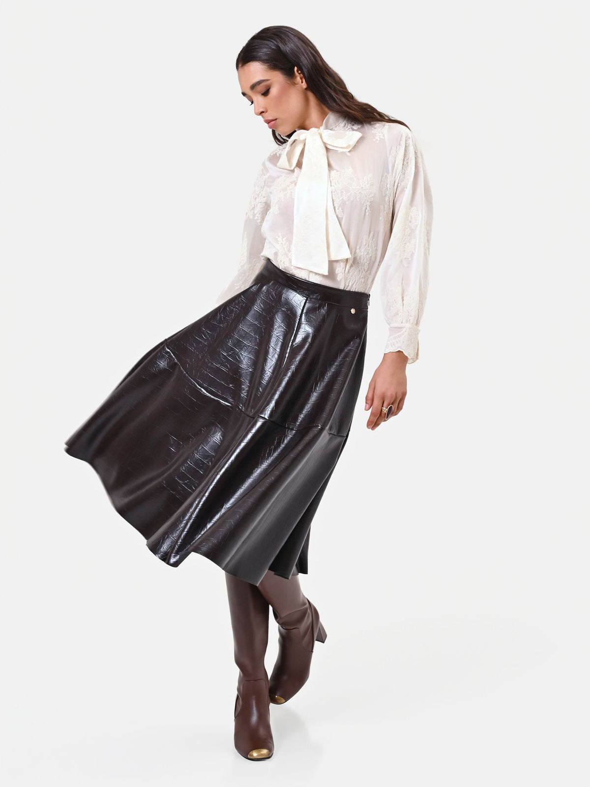Gonna midi marrone in similpelle stampa cocco