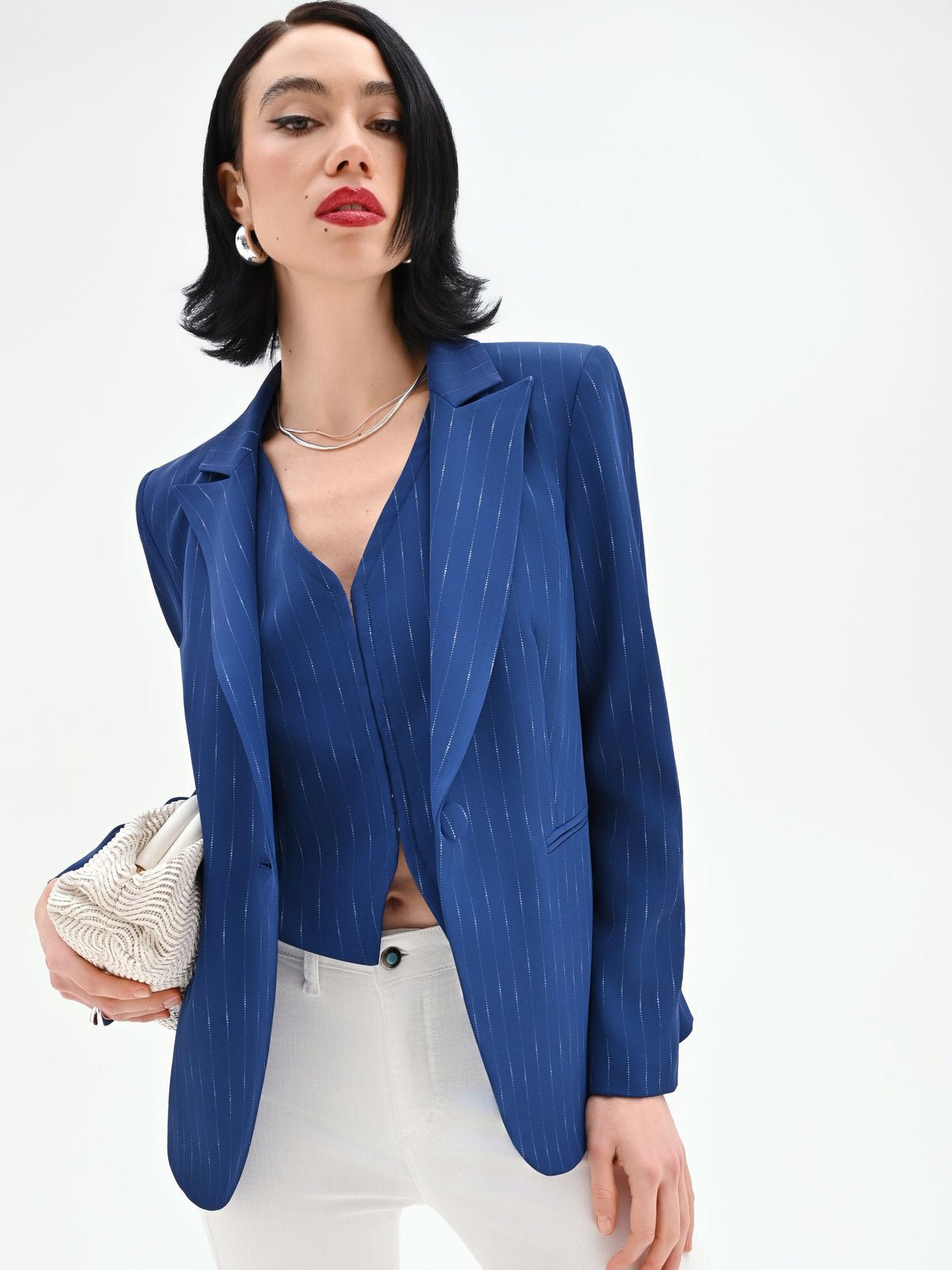 Giacca blazer blu brillante effetto gessato