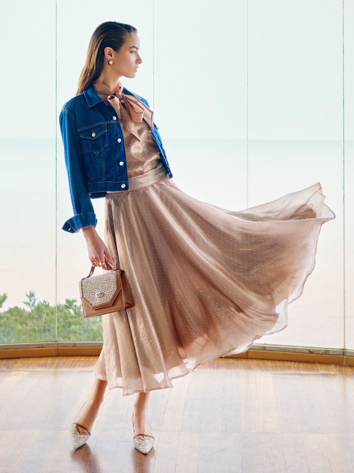 Gonna marrone bronzo con strass allover