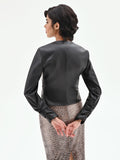 Giacca similpelle nera con zip e arricciature