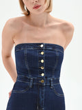 Abito a tubino in denim blu navy con bottoni dorati